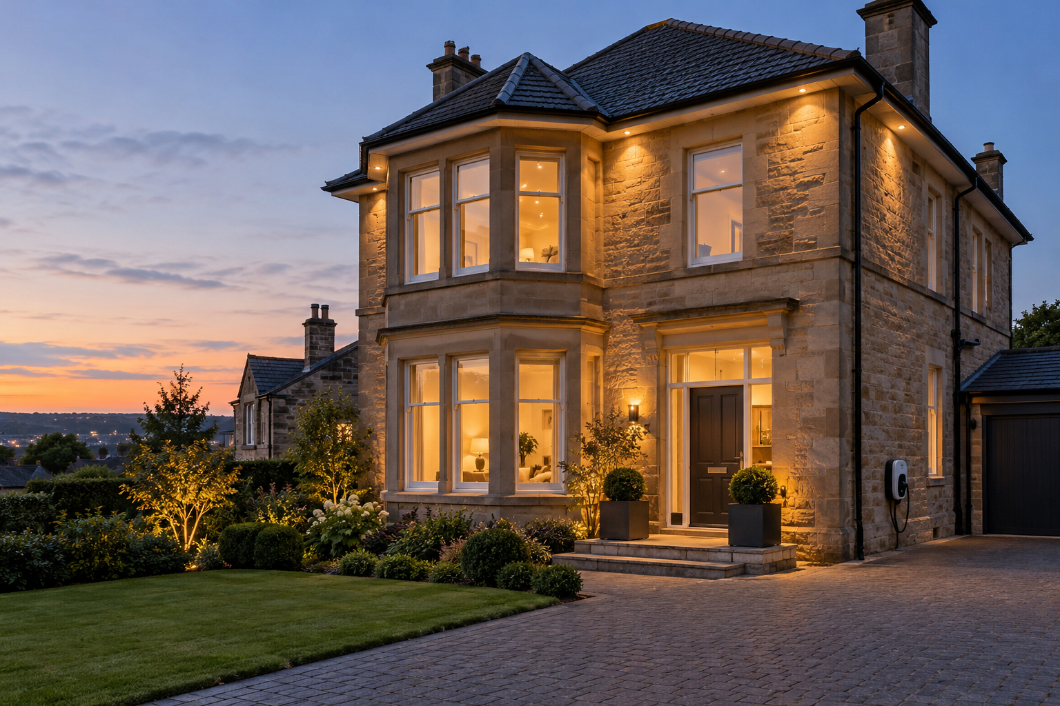 Illustrative Glasgow sandstone home with warm exterior lighting and an EV charger